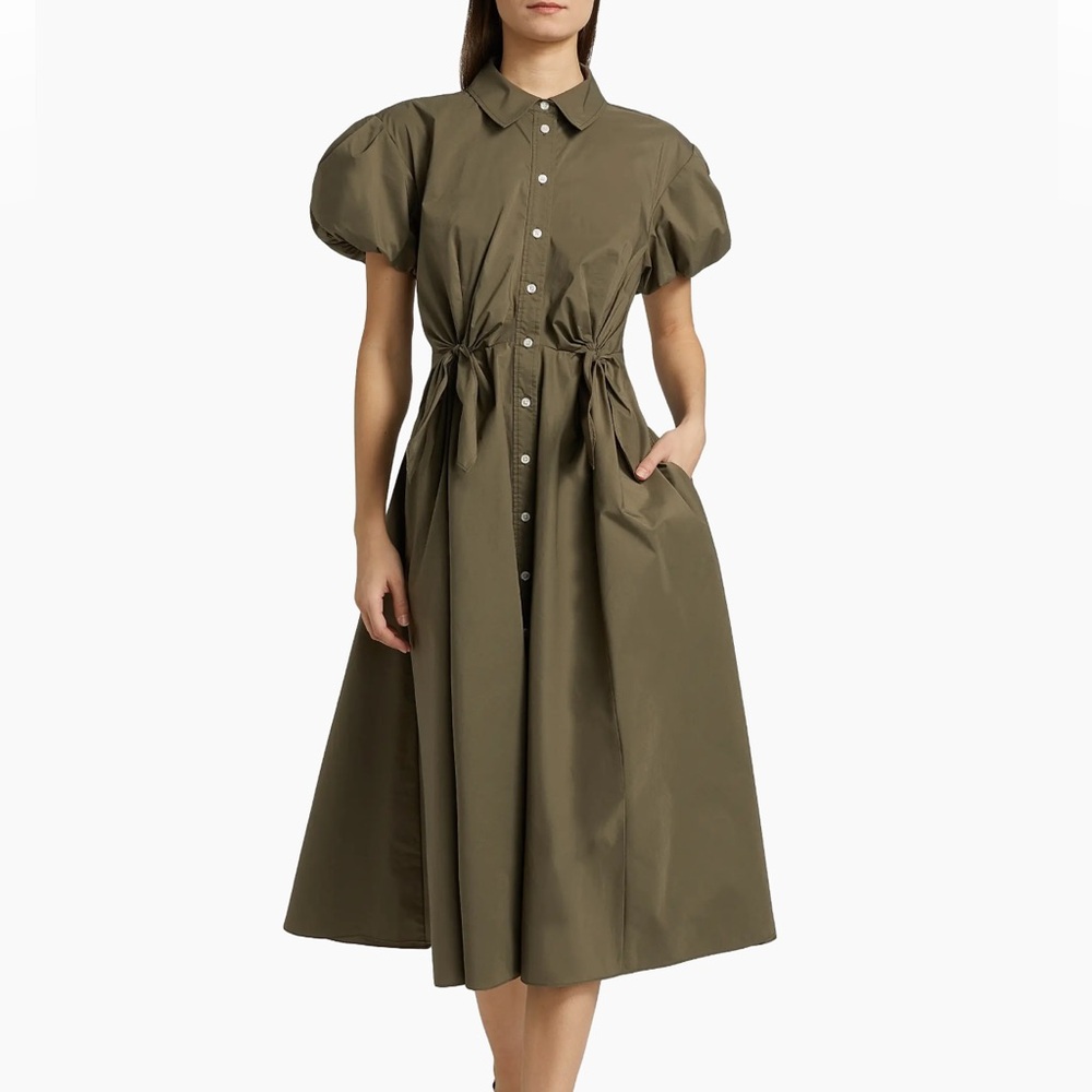 Olive Green Puff Sleeve Tie Waist Midi Dress